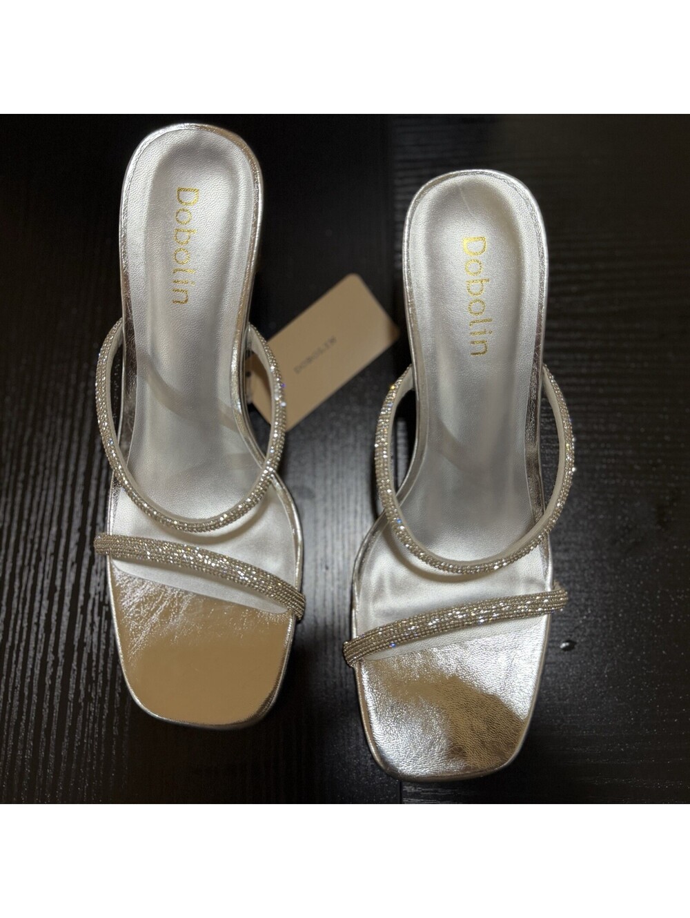 Dobolin Women's Silver Rhinestone Heeled Slide Sandals Size 9 Open Toe Mule - Picture 11 of 14
